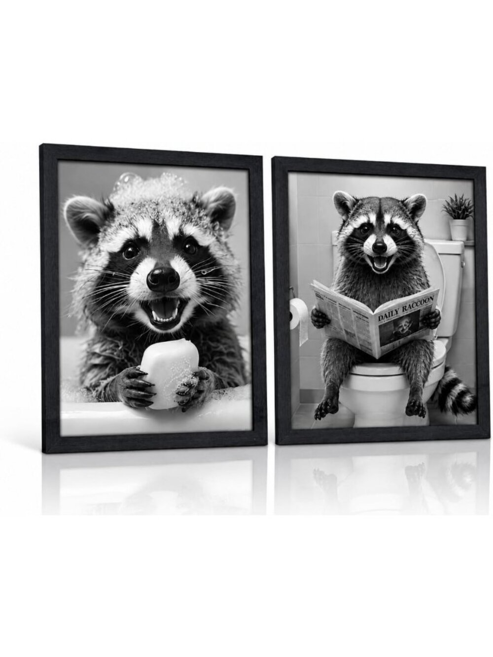 Funny Raccoon Bathroom Wall Art Set of 2 - Black Framed Canvas, 12x16 Inch Decor